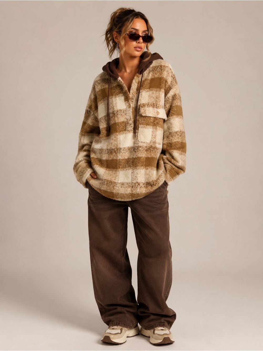 Bibi Brushed Plaid Hooded Half Button Oversized Fleece Pullover Boho Streetwear